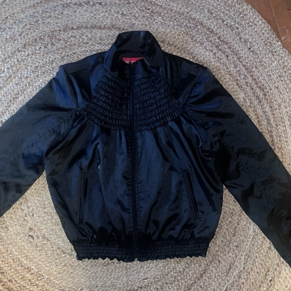 GORGEOUS VTG Satin Bomber Jacket-Shirring Detail Neckline--SzXs-S EUC -🖤 - Picture 13 of 16